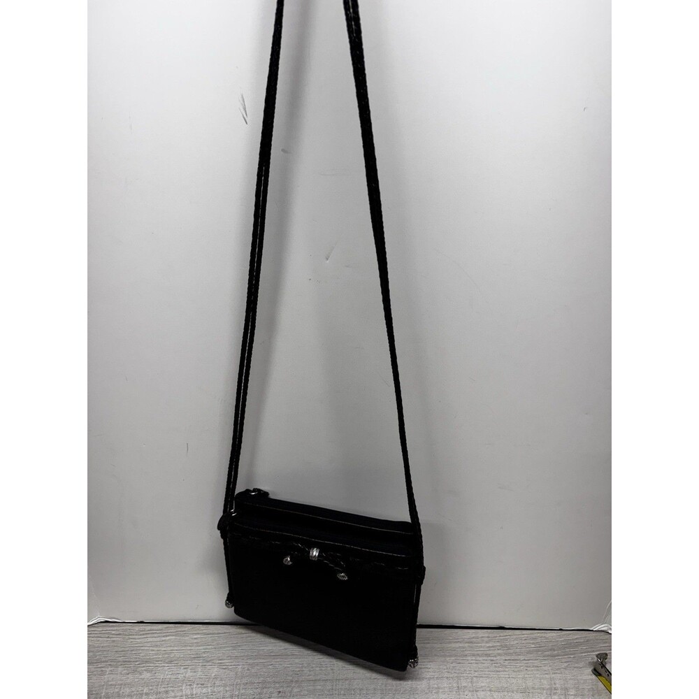 Vintage Brighton Crossbody Organizer Purse, Black Pebbled Leather Braided Strap